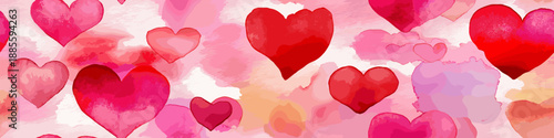 Watercolor hearts creating a seamless pattern in shades of pink and red on a white background. Seamless watercolor heart pattern for Valentine's Day love