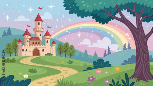 Magical castle under colorful rainbow in lush green landscape