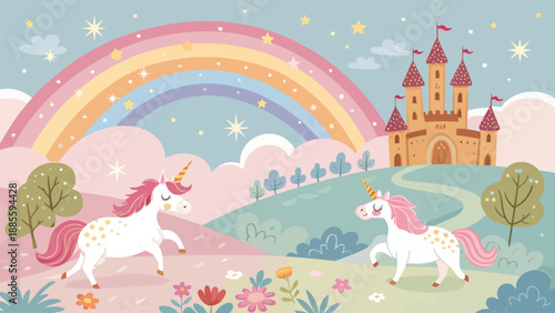 Magical unicorns prance under colorful rainbow near fairy tale castle