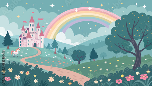 Magical castle and unicorn under a vibrant rainbow in a whimsical landscape
