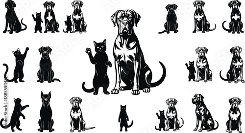 Silhouettes of dogs and cats in various poses, playful pet animal vector pattern, domestic animals illustration for design and decoration