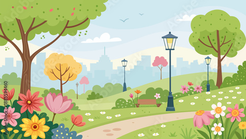 Vibrant city park with blooming flowers and lush greenery