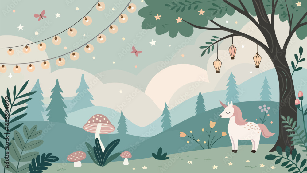 Naklejka premium Magical unicorn standing under tree with string lights in whimsical forest
