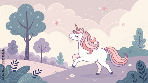 Whimsical unicorn running in magical forest with pastel colors