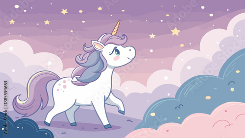 Whimsical unicorn standing on clouds under starry night sky