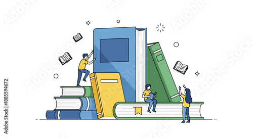 Modern flat line illustration of small characters engaging with a giant stack of books, symbolizing education, knowledge, learning, and digital literacy.