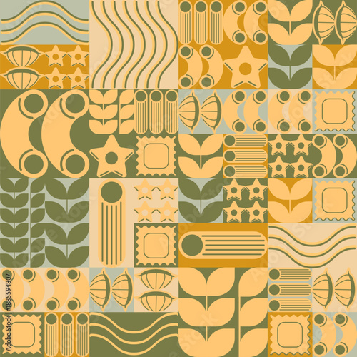 Pasta food pattern on geometric mosaic tiles. Vector illustration of traditional italian macaroni, spaghetti or tagliatelle, ravioli, conchiglie and fettuccini, abstract vintage design for restaurant