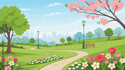 Serene park scene with blooming flowers and city skyline