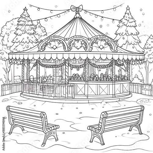 Line art of a Christmas carousel in a snowy park, ready for coloring