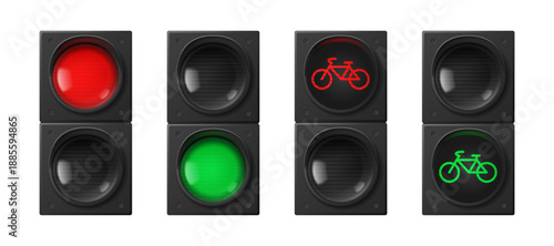 Urban traffic lights set isolated on white background. Vector realistic illustration of red stop and green go signals for pedestrians, transport and bicycle, semaphore lights, street warning stoplight