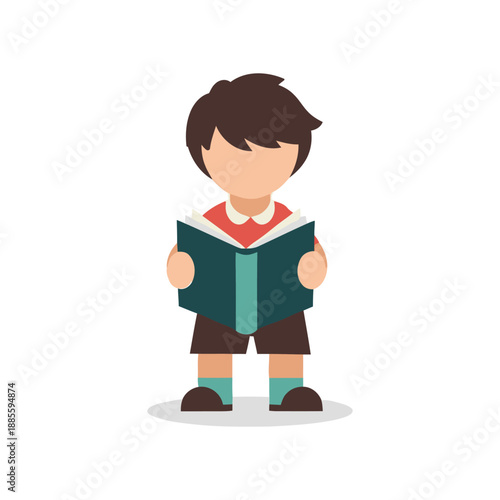 Young boy reading a book with enthusiasm and curiosity.