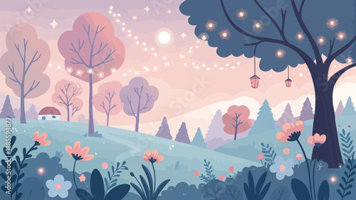 Serene night landscape with glowing trees and flowers