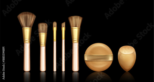 Makeup brush and sponge set isolated on black background. Vector realistic illustration of tools for professional cosmetics application, eye shadows, powder, blush, concealer, foundation brushes