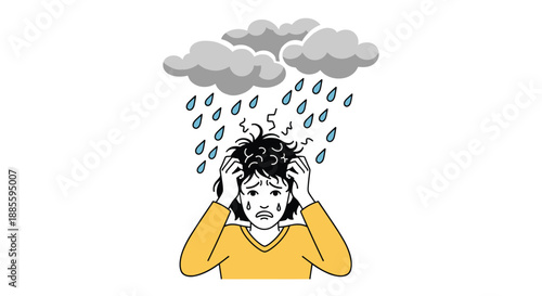 Illustration of a woman in distress holding her head while dark clouds and heavy rain pour down symbolizing mental stress or sadness.