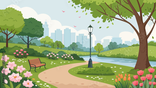 Serene city park with lush greenery and vibrant flowers