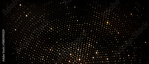 Golden halftone shimmering pattern on black background. Vector realistic illustration of abstract yellow glitter dots and sparkles on dark backdrop, luxury disco party banner, shiny mosaic wallpaper
