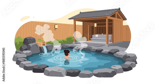 Relaxing scene of a woman soaking in a traditional outdoor Japanese hot spring surrounded by rocks and a wooden onsen building.
