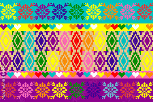 Colorful pixel art pattern inspired by textile motifs, celebrating love, diversity, and LGBTQ+ pride with vibrant hearts and geometric symmetry, ideal for fabric, wallpaper, and vector illustration 