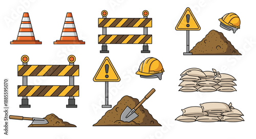 Comprehensive collection of construction site safety equipment including traffic cones, barriers, sandbags, dirt piles, and warning signs.