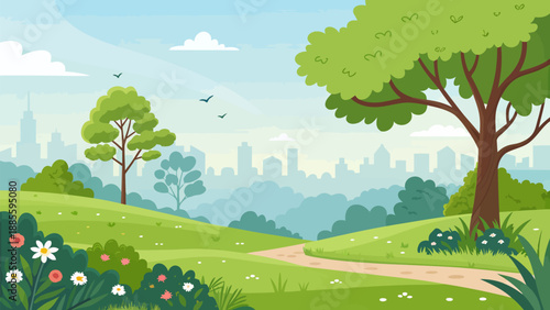 Serene city park with lush greenery and vibrant flowers overlooking urban skyline