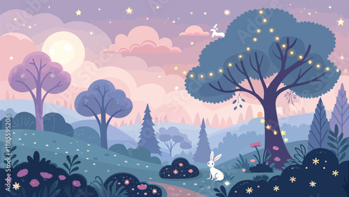 Whimsical forest scene with rabbits under starry night sky