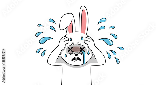 Cute white rabbit character expressing extreme distress and sadness with large blue teardrops and a pained facial expression.