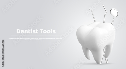 Dental clinic presentation template with tooth mockup and dentistry tools on grey background. Vector realistic illustration of teeth treatment equipment, ad banner design, oral hygiene instruments