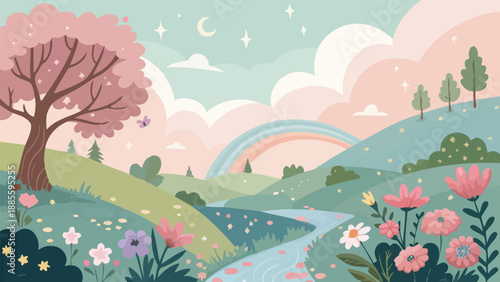 Whimsical landscape with rainbow and blooming flowers in a serene natural setting