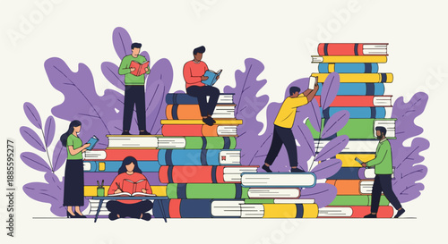 Diverse group of people reading and learning from stacks of colorful books, symbolizing education and knowledge.