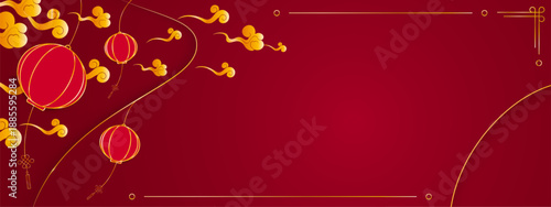 Chinese red envelope design with golden pattern. Vector realistic illustration of traditional Asian angpao with lanterns, gold frames and swirls, oriental greeting card or holiday invitation banner