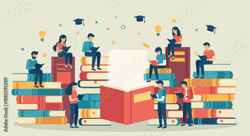 Diverse group of people reading books and studying, symbolizing education, knowledge, and learning.
