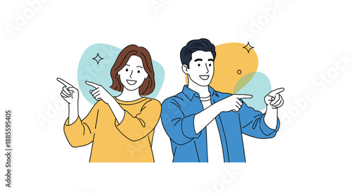 Smiling woman and man pointing towards opposite sides indicating different directions or choices with a friendly and helpful attitude.