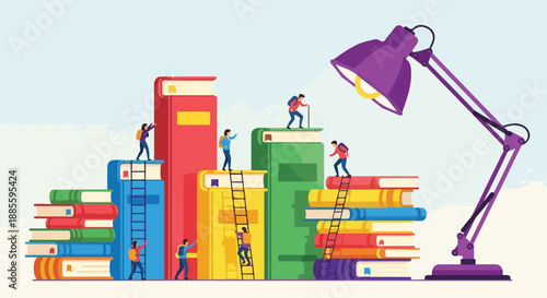 Tiny people climbing stacks of books under a bright desk lamp, symbolizing education and knowledge.