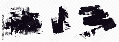 Black roller brush prints set isolated on transparent background. Vector realistic illustration of grunge abstract ink strokes line with rough texture, street art element, urban graffiti, paint stain