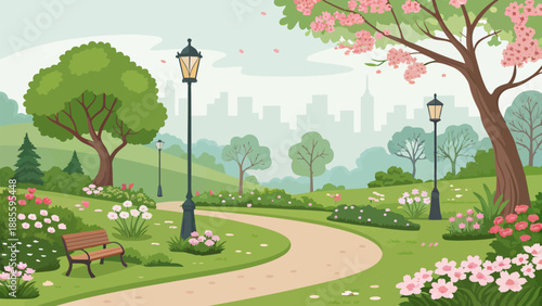 Serene park scene with blooming flowers and city skyline