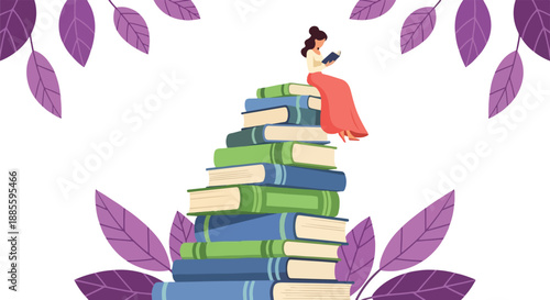 Woman sitting on a pile of books reading a book, surrounded by purple leaves, symbolizing knowledge and imagination
