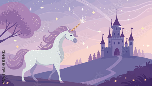 Majestic unicorn standing proudly in front of a magical castle under a starry sky