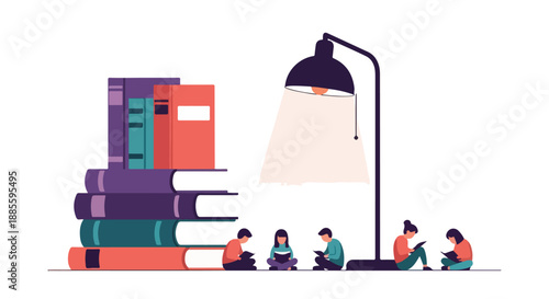 Children reading books under a lamp, symbolizing education, knowledge, and imagination