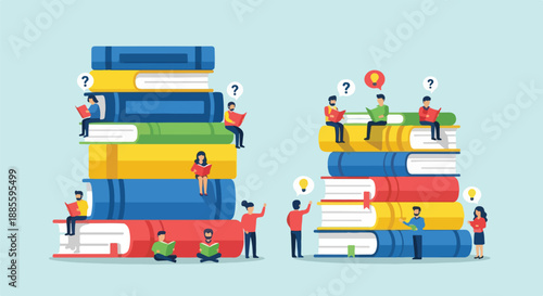 Tiny people reading and learning on stacks of colorful books, symbolizing education, knowledge, and research.