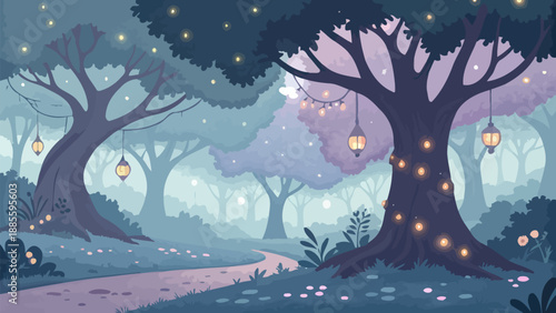 Whimsical forest scene with glowing lanterns and fireflies