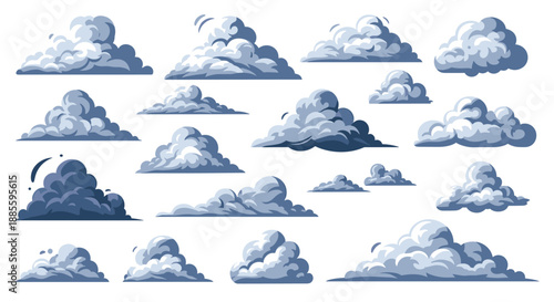 Extensive collection of diverse cloud illustrations in various shapes, sizes, and blue-gray shades for use in background designs.