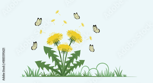 Bright yellow dandelion flowers with flying seeds and delicate butterflies in a lush green grass field under a light blue sky.