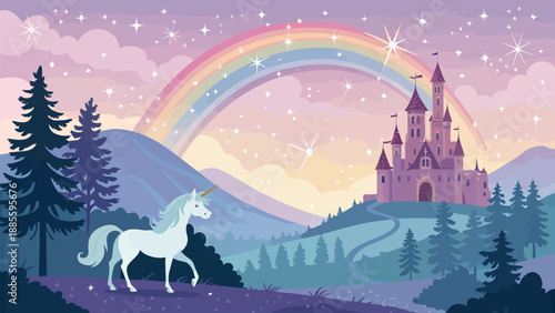 Majestic unicorn stands before enchanted castle under rainbow