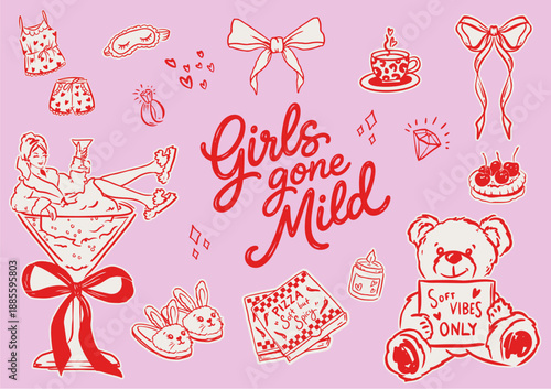 Set of hand drawn Girls Gone Mild Bachelorette theme party doodle icons, Girls Gone Soft Hen Party line art illustrations, Spa pampering icons