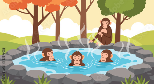 Group of cute monkeys relaxes by soaking in a natural hot spring surrounded by colorful autumn trees and snowy mountains.