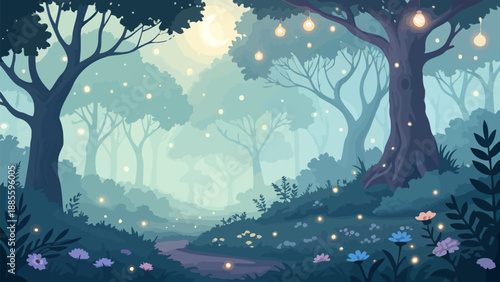 Whimsical forest scene with fireflies and moonlight