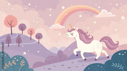 Magical white unicorn running under colorful rainbow in dreamy landscape