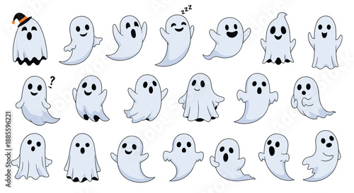 Diverse collection of cute cartoon ghosts displays a variety of fun facial expressions for Halloween holiday decorations.