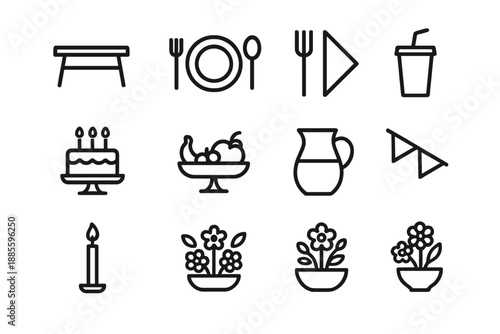 Outdoor Birthday Icons. Outdoor birthday table. Line outline icon set of Outdoor birthday table: table outline