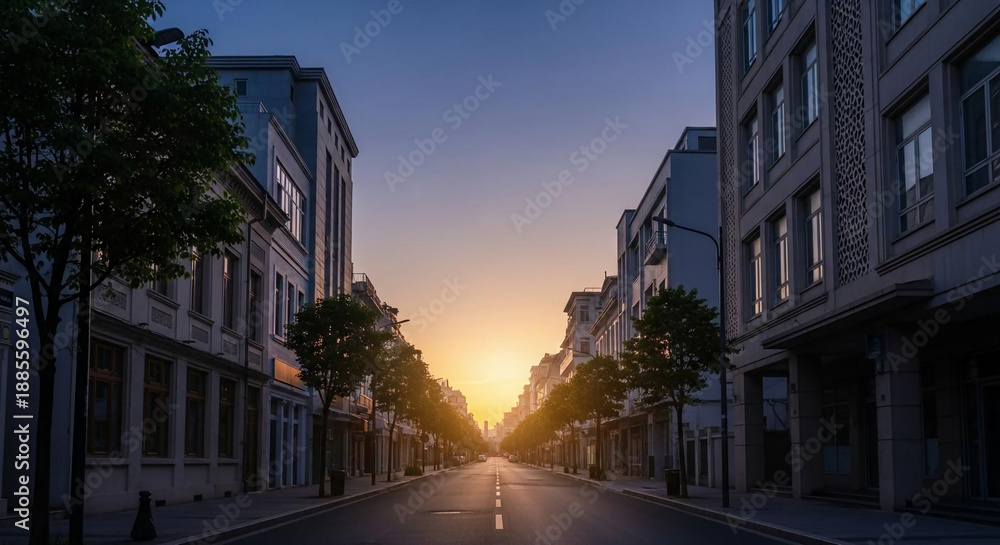 Obraz premium Sunset view of a city street with buildings and trees on both sides, road stretching into the distance with warm, golden light, against a clear blue and orange sky.